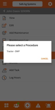Select a procedure screen