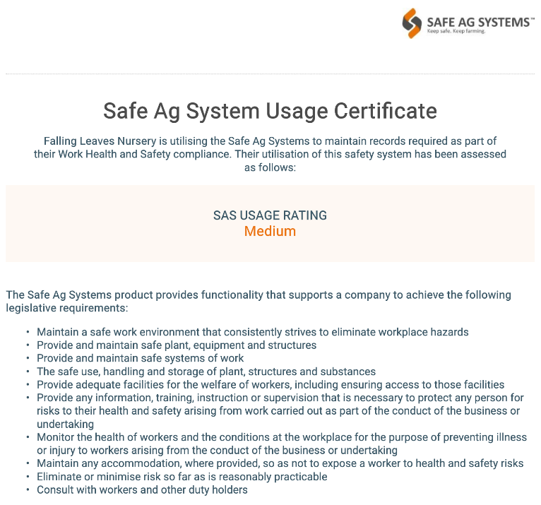 Safe Ag Systems Usage Certificate