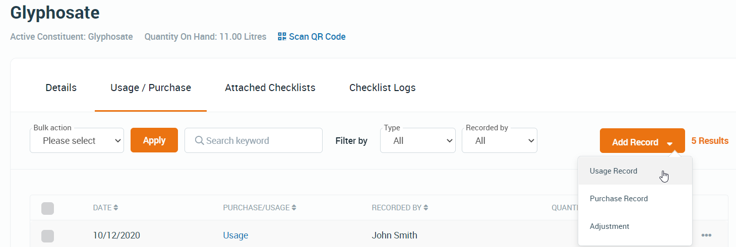 Chemical register - purchase records and usage records