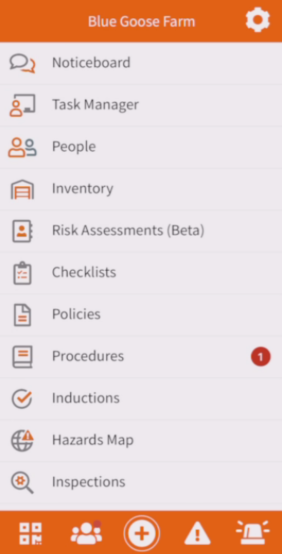 Safe Ag Systems Mobile App menu