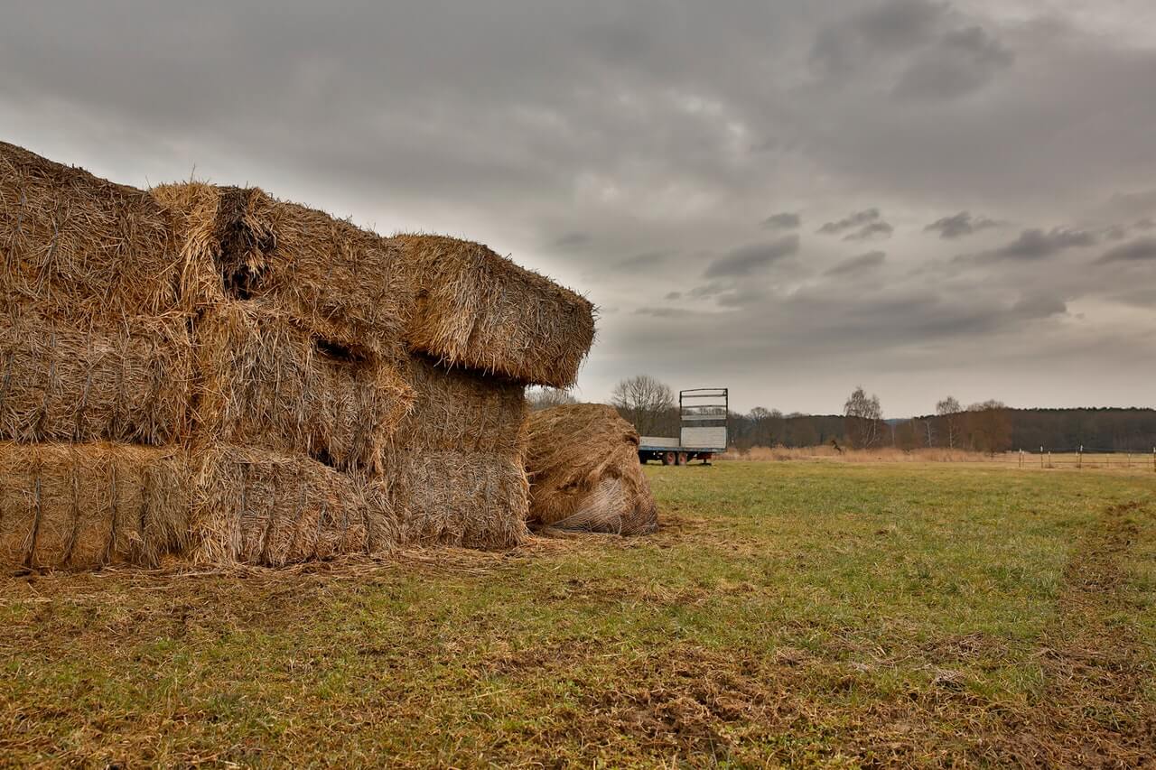 hay bales stacked and falling over